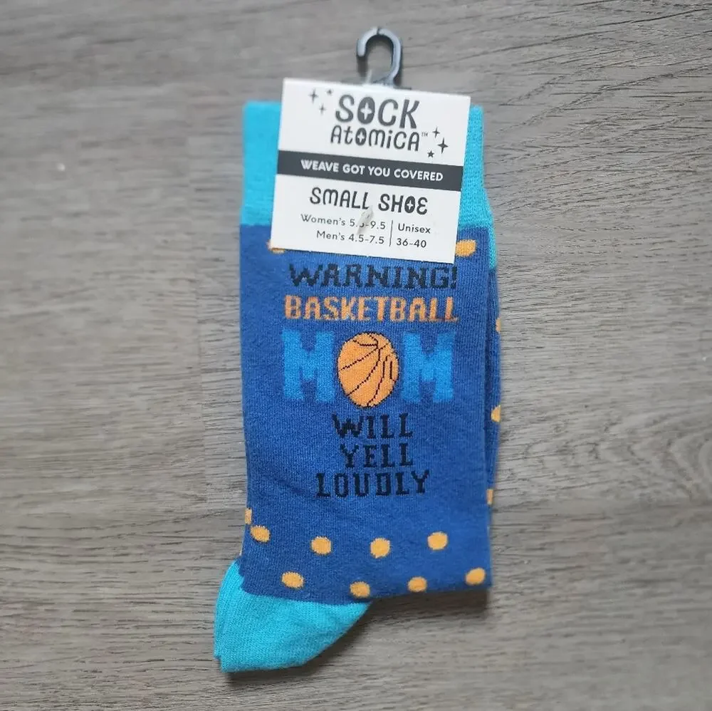 NWT Sock Atomica Women's 'Warning: Basketball Mom Will Yell Loudly' Crew Socks
